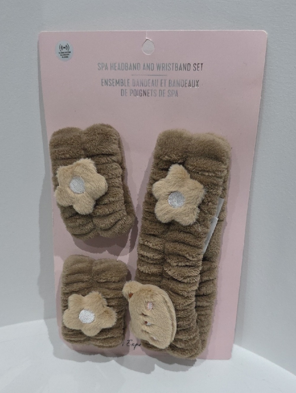 Plush Spa Headband & Wristband Set in Taupe with Flower Accent